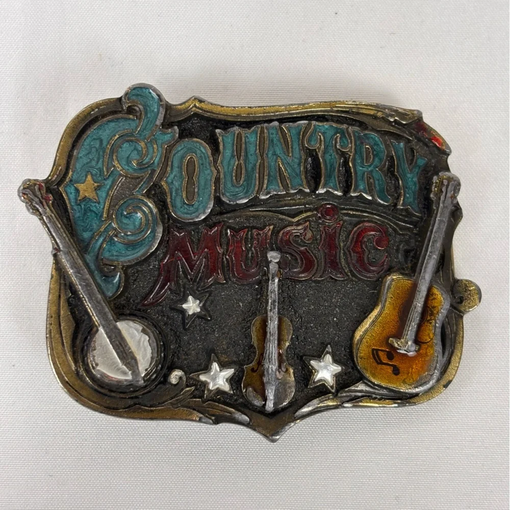 Vintage Country Music Belt Buckle 80's Western Bluegrass Cowboy Fiddle Banjo